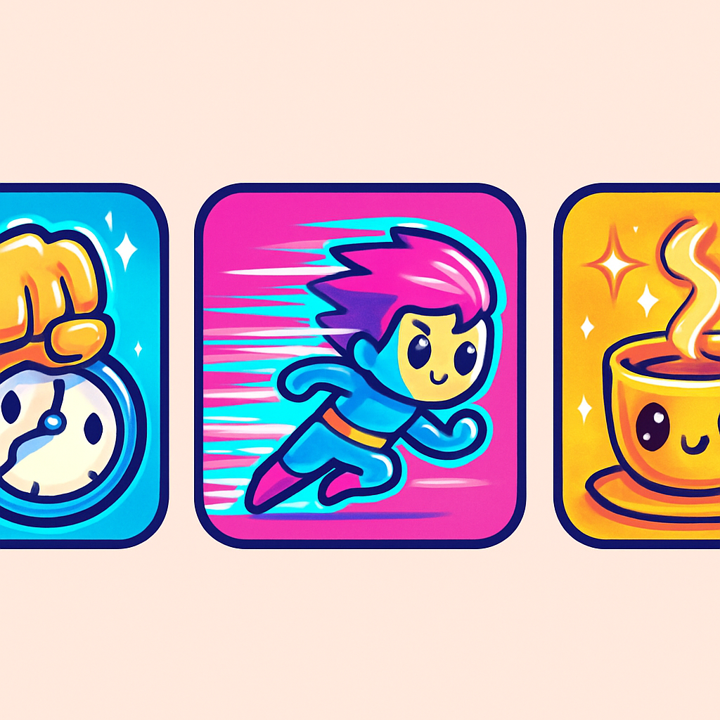 Three kawaii superpower icons: bending clock, light-speed dash, magic coffee
