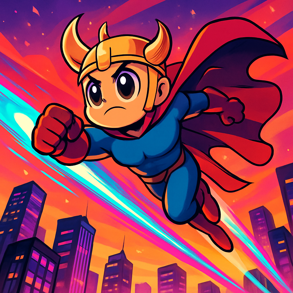 Anime superhero god soaring over neon city skyline at golden hour
